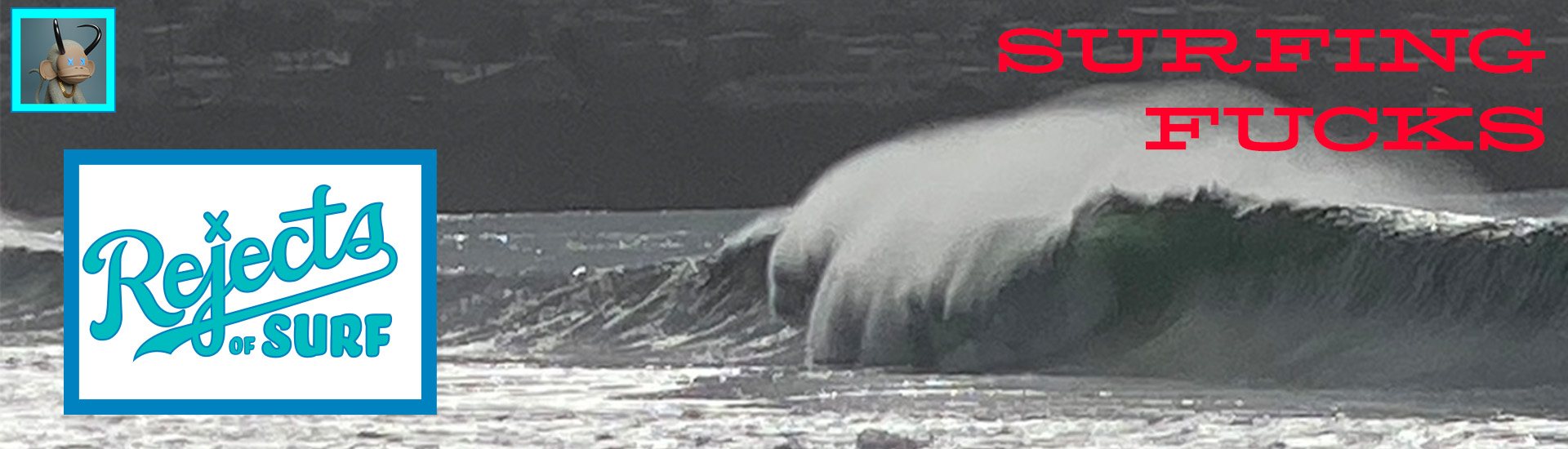 Rejects of Surf logo with small monkey icon over a moody grayscale breaking wave