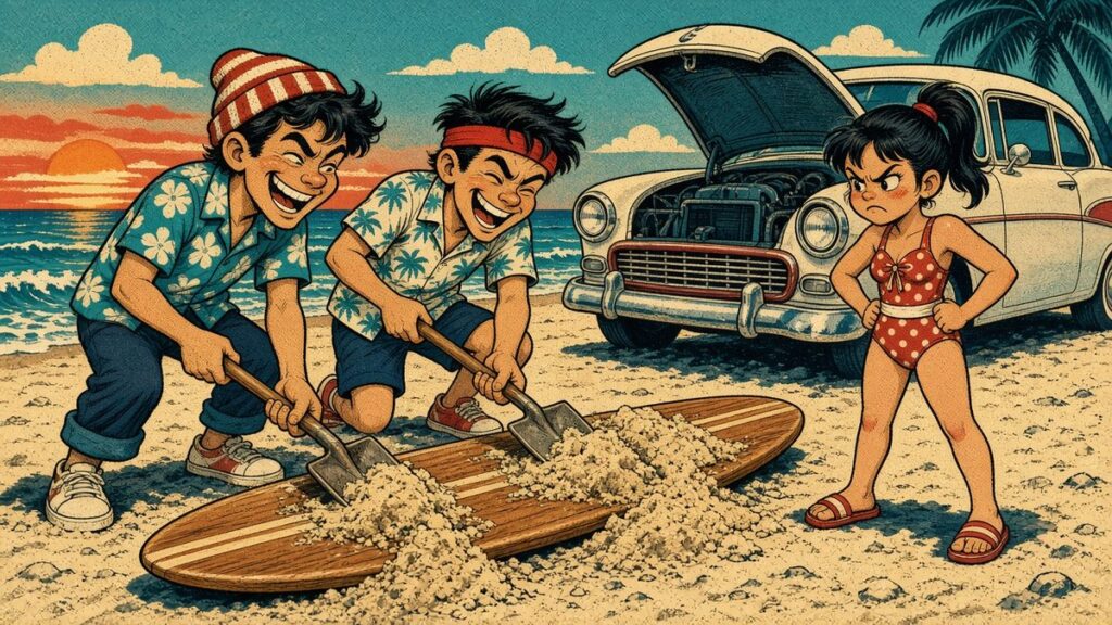 Cartoon illustration: two cackling, invented 1950s surf pranksters shovel sand over a wooden longboard while an angry little surfer girl in a polka-dot swimsuit stands with hands on hips beside a white 1950s car with its hood popped open.