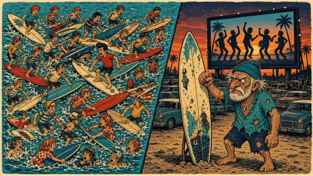 Cartoon illustration, split scene: on the left a wave jammed with dozens of invented cartoon surfers colliding on colorful boards; on the right a grumpy old surfer with a battered board shakes his fist at a drive-in movie screen showing silhouetted beach dancers.