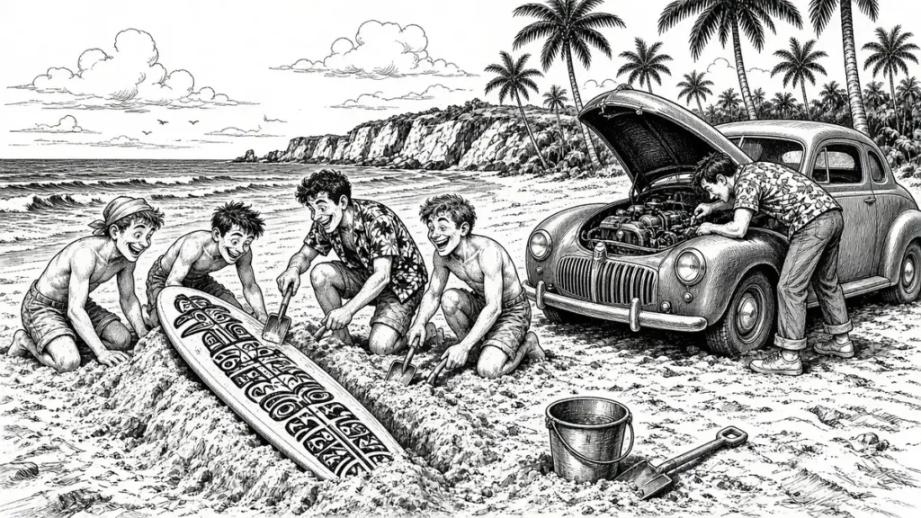 Black-and-white ink illustration: 1950s surf pranksters burying a balsa board in sand while a tiny girl stands hands-on-hips at Malibu.