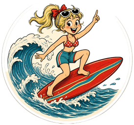 Gidgey badge: the cartoon Surfing Fukcs mascot riding a red surfboard on a curling blue wave inside a white circle.