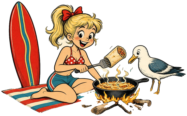 Gidgey, the cartoon Surfing Fukcs mascot, cooks over a beach campfire on a striped towel beside her surfboard while a seagull eyes the pan.