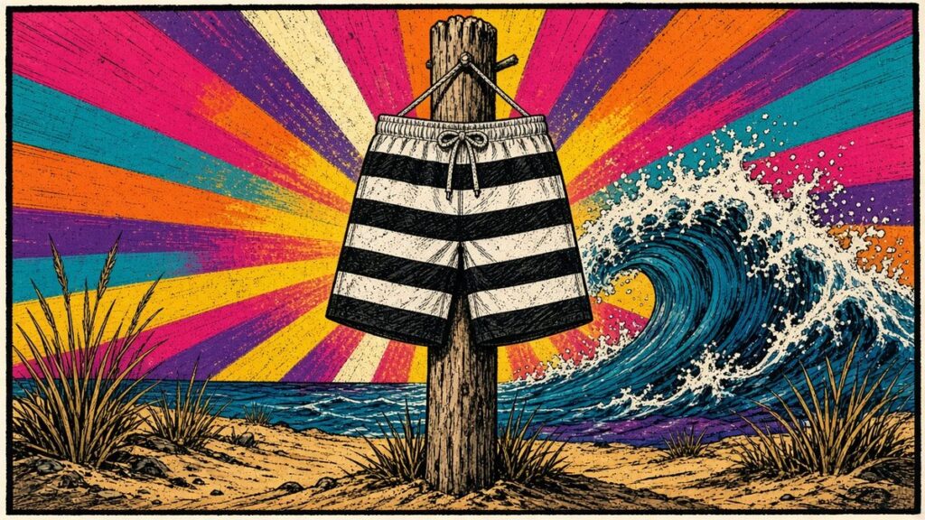 Cartoon illustration: baggy 1950s surf trunks with bold, wide black-and-white stripes and a drawstring hang from a weathered wooden post on a sandy beach, set against psychedelic orange, pink, purple and teal sunburst rays and a curling blue wave.