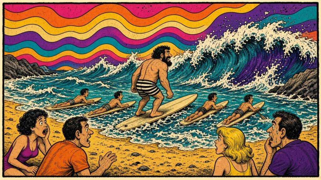 Cartoon illustration: a burly, bearded, invented surfer in black-and-white striped trunks strides through the shorebreak on a big longboard, leading a line of skinny surfers paddling out toward a towering wave under a psychedelic striped sky, while wide-eyed beachgoers gasp in the foreground.