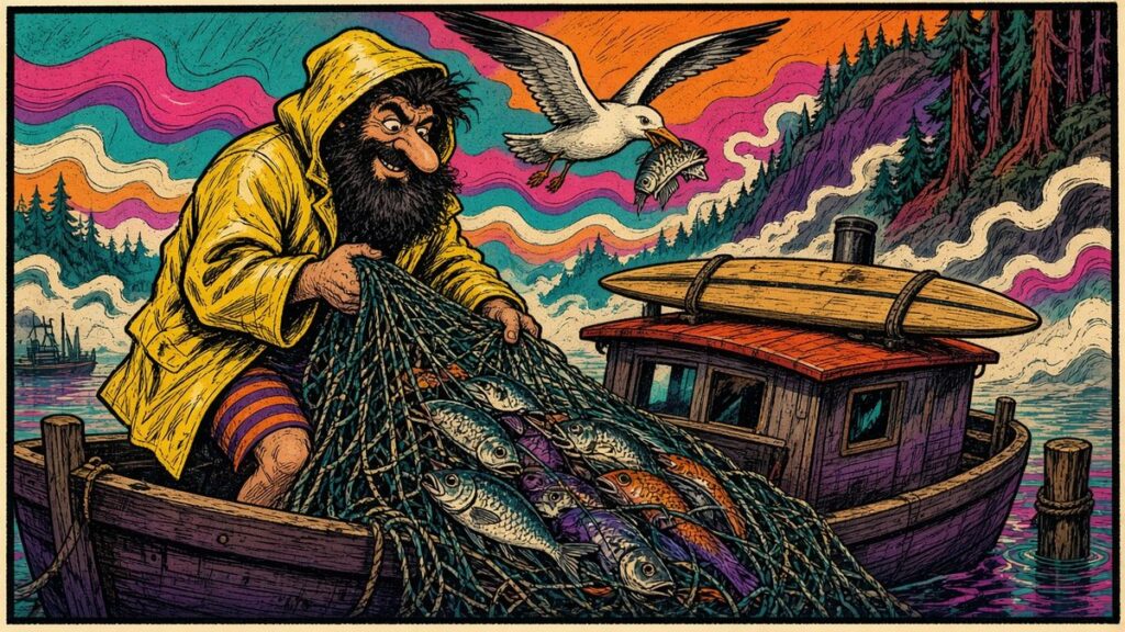 Cartoon illustration: a big, bearded, invented fisherman in a yellow rain slicker and striped shorts hauls a net full of fish into a wooden boat with a longboard strapped to the cabin roof, while a seagull flies off with a stolen fish against redwood-covered hills.