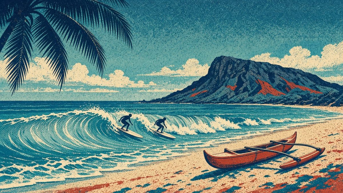 Screen-print style illustration of two anonymous surfers on clean, glassy waves along a sunny beach, with an outrigger canoe on the sand and a volcanic headland behind.