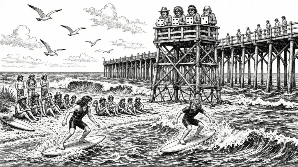 Black-and-white ink illustration: late-1970s team contest beside Huntington Beach Pier with a surfer carving near the pilings, judges' tower, and upright shortboards.