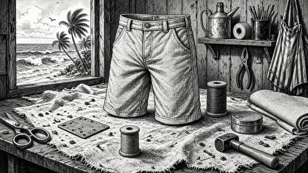 Black-and-white ink illustration: stiff canvas surf trunks standing upright on a late-1950s boat-cover shop workbench as a startled maker drops his scissors.