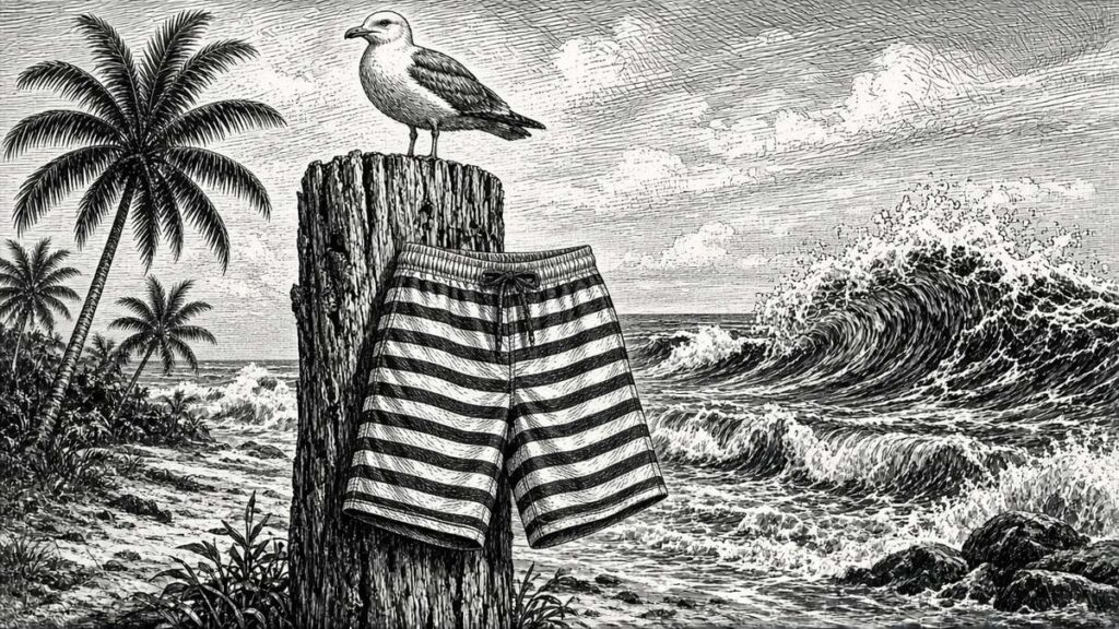Black-and-white ink still-life: baggy 1950s black-and-white striped convict surf trunks hung on a weathered beach post beside a balsa longboard.