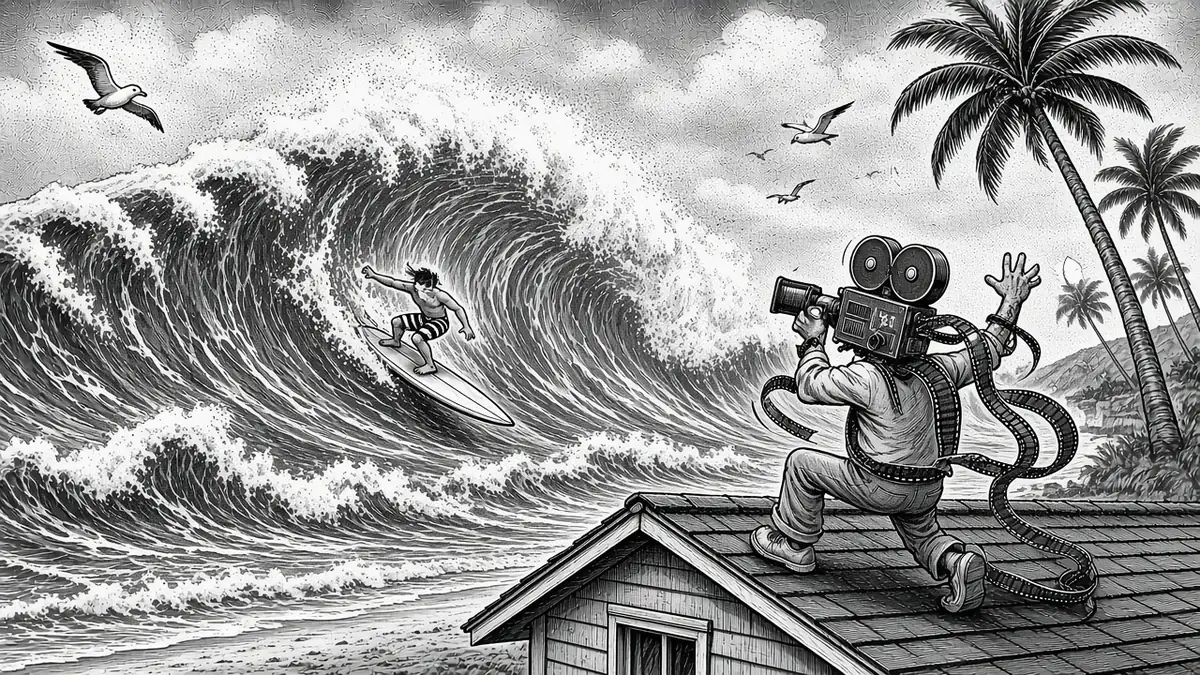Black-and-white ink illustration: a tiny surfer in striped trunks dropping a towering Makaha wave on an 11-foot gun while a cameraman fumbles Super 8 film on a rooftop.