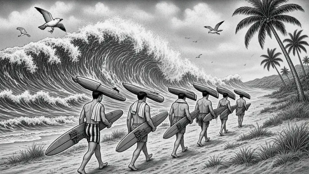 Black-and-white ink illustration: a burly surfer in striped trunks leading a small crew with balsa big-wave guns into Waimea shorebreak.